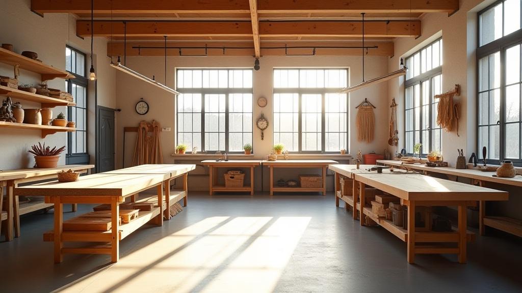 Interiør av et lyst og moderne verksted med tradisjonelle trebearbeidingsverktøy og naturlig lys som strømmer inn