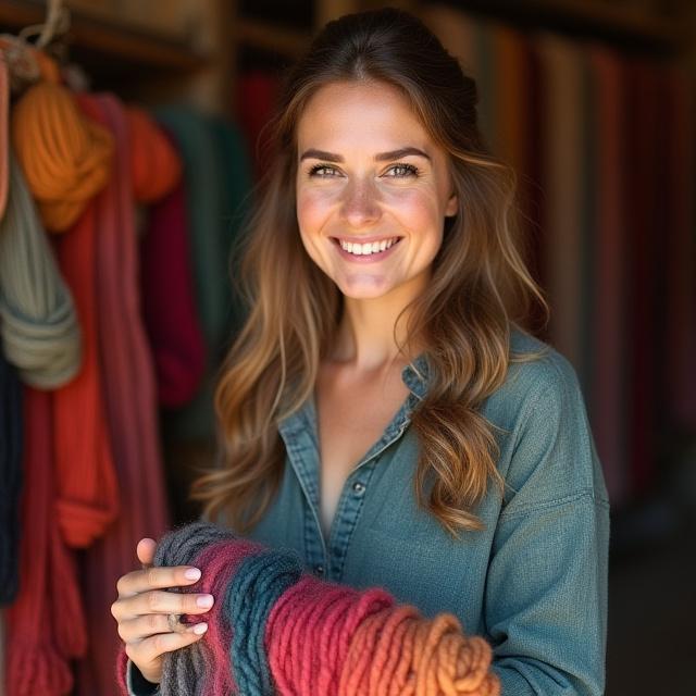 Portrett av en varmt smilende kvinnelig tekstilkunstner som viser et vevd ullteppe