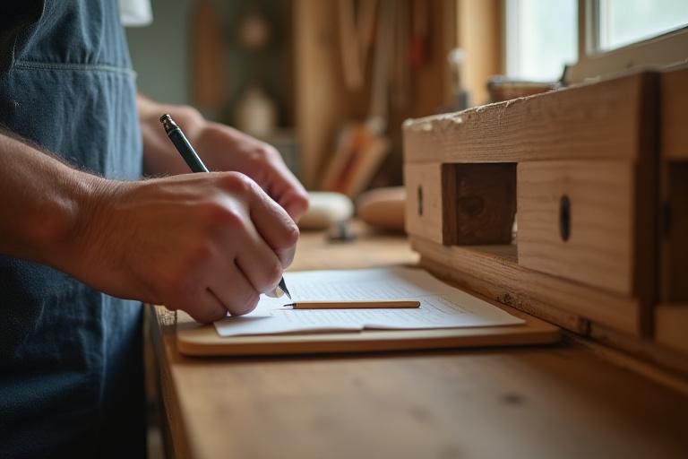 Person som inspiserer et gammelt treskap med notatblokk i et verksted