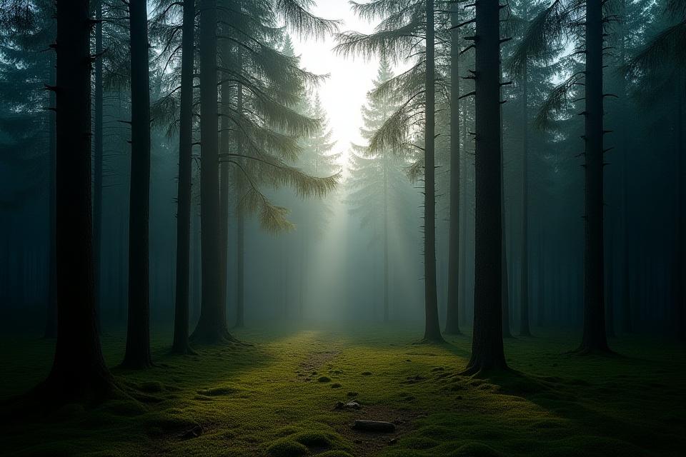 Bilde av en norsk barskog med furu og gran, som illustrerer kilden til myktre
